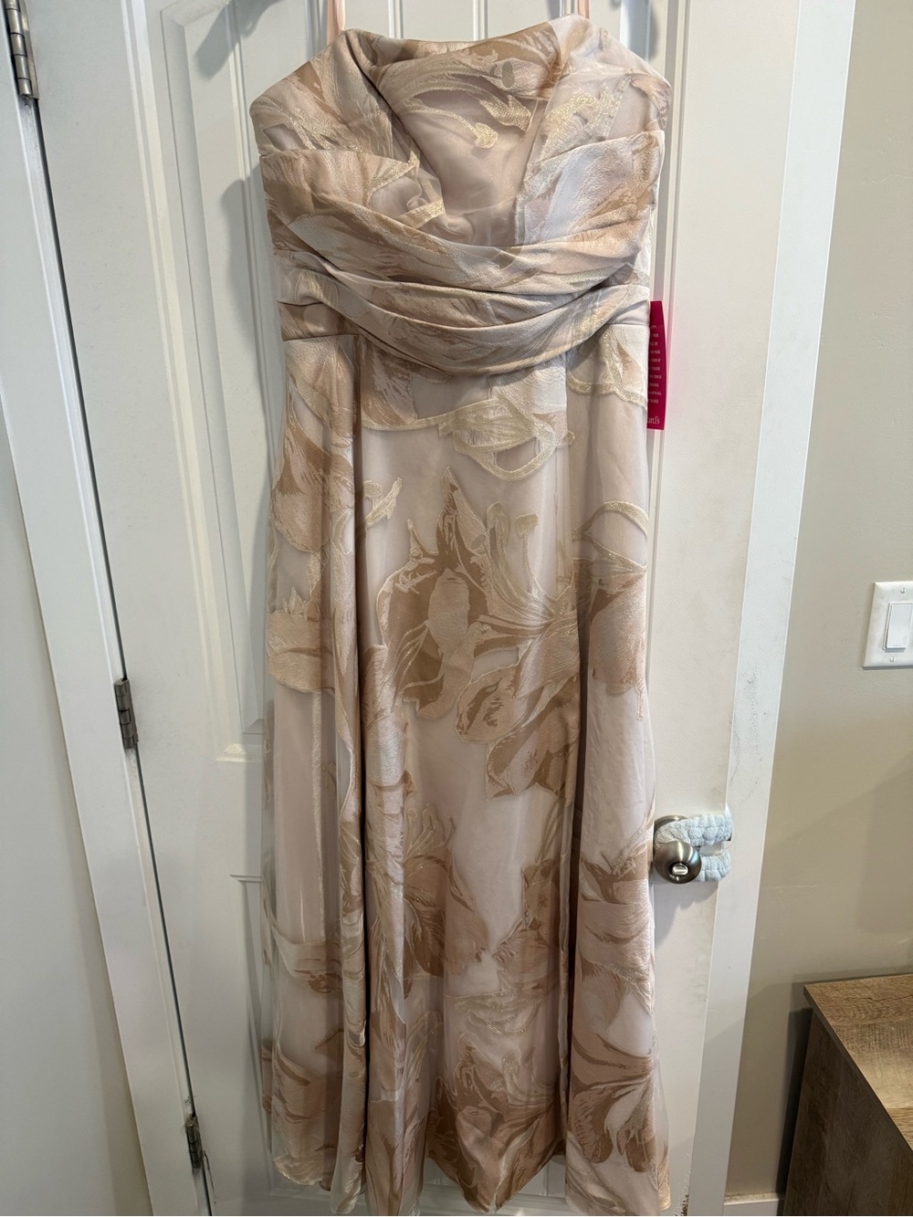 Strapless Floral Evening Gown in Soft Blush-Taupe